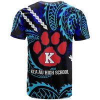 Blue galaxy T-shirt back with paw print, letter K, Keaau High School text