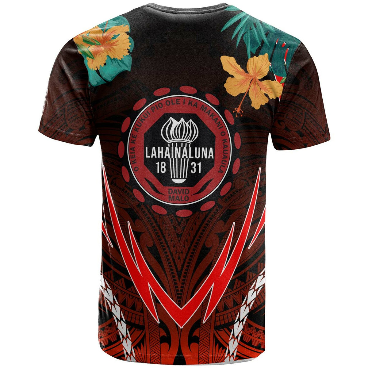 Dark Hawaii T-shirt back with Lahainaluna emblem and red tribal zigzag pattern (back view)