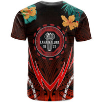 Dark Hawaii T-shirt back with Lahainaluna emblem and red tribal zigzag pattern (back view)