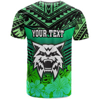 Green T-shirt with customizable text, wolf head graphic and black Polynesian pattern