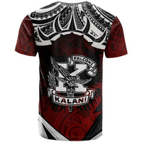 Red custom T-shirt back with black-and-white Polynesian pattern; Falcons logo and eagle