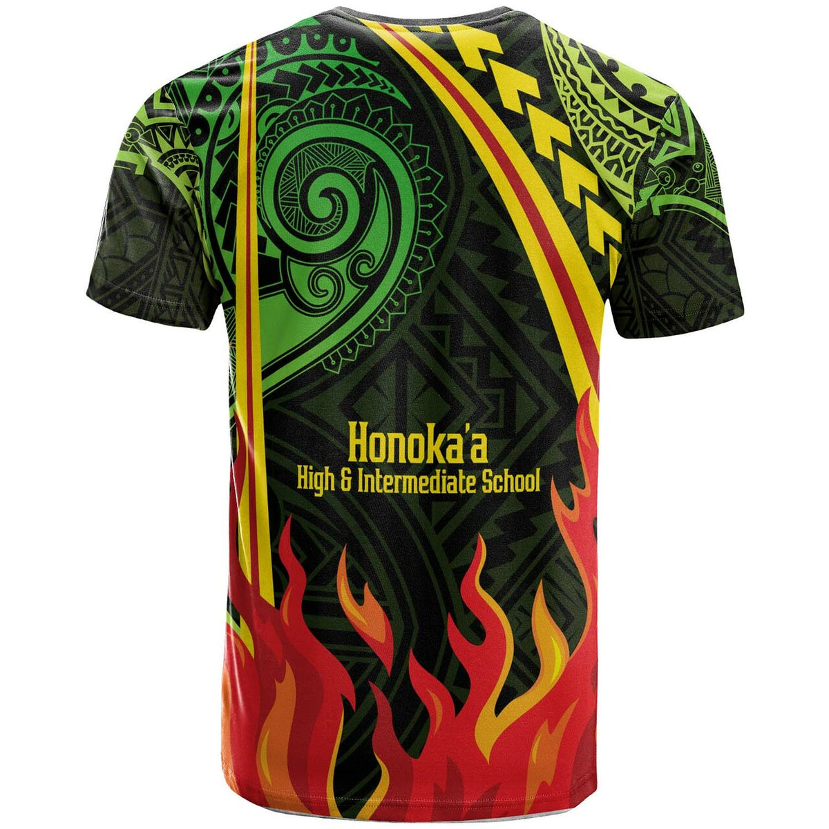 Green Polynesian pattern T-shirt with flames and yellow stripe, “Honokaa High & Intermediate School”