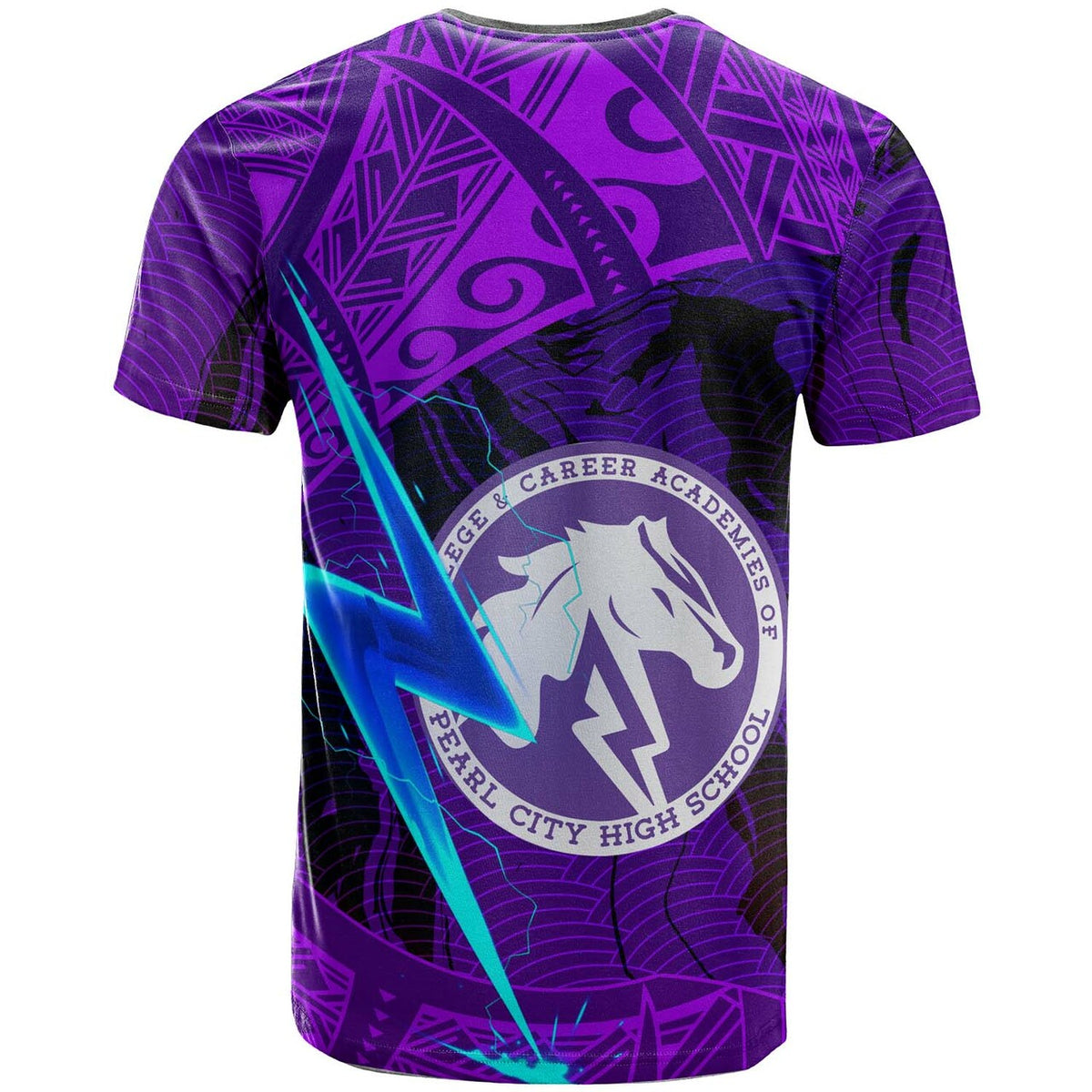 Purple back graphic T-shirt with circular horse emblem and blue lightning stripes
