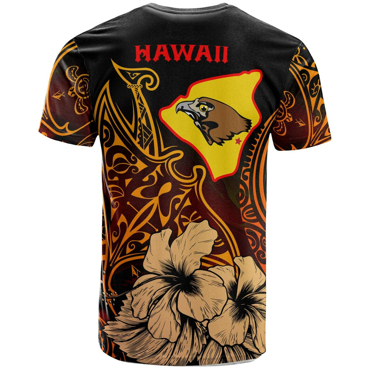 Dark T-shirt back: red HAWAII text, yellow bird emblem, hibiscus and Polynesian motifs