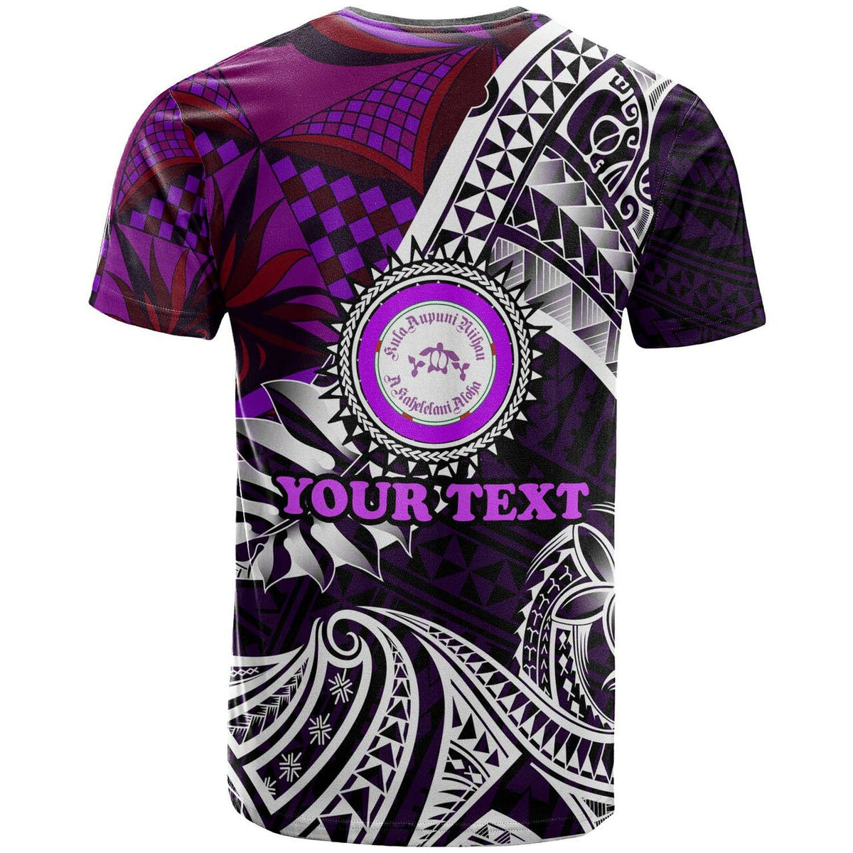Maroon/purple Polynesian turtle T-shirt back with circular crest and 'YOUR TEXT' area