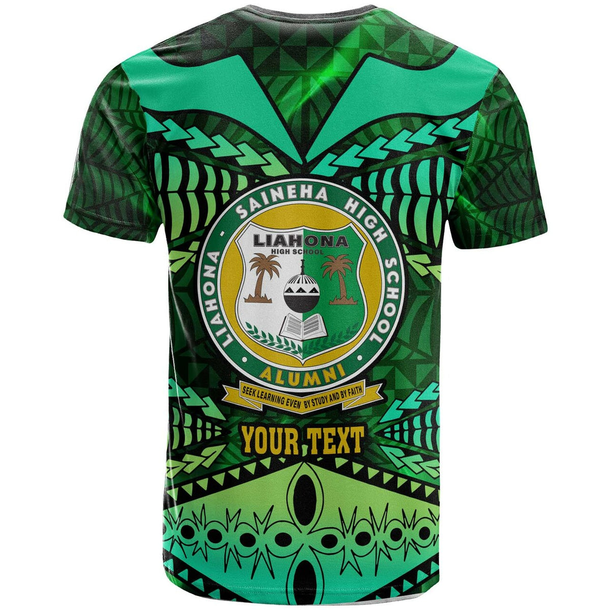 Tonga Custom T Shirt Liahona High Shool with Tonga Patterns with Green Effect LT10 - Wonder Print Shop