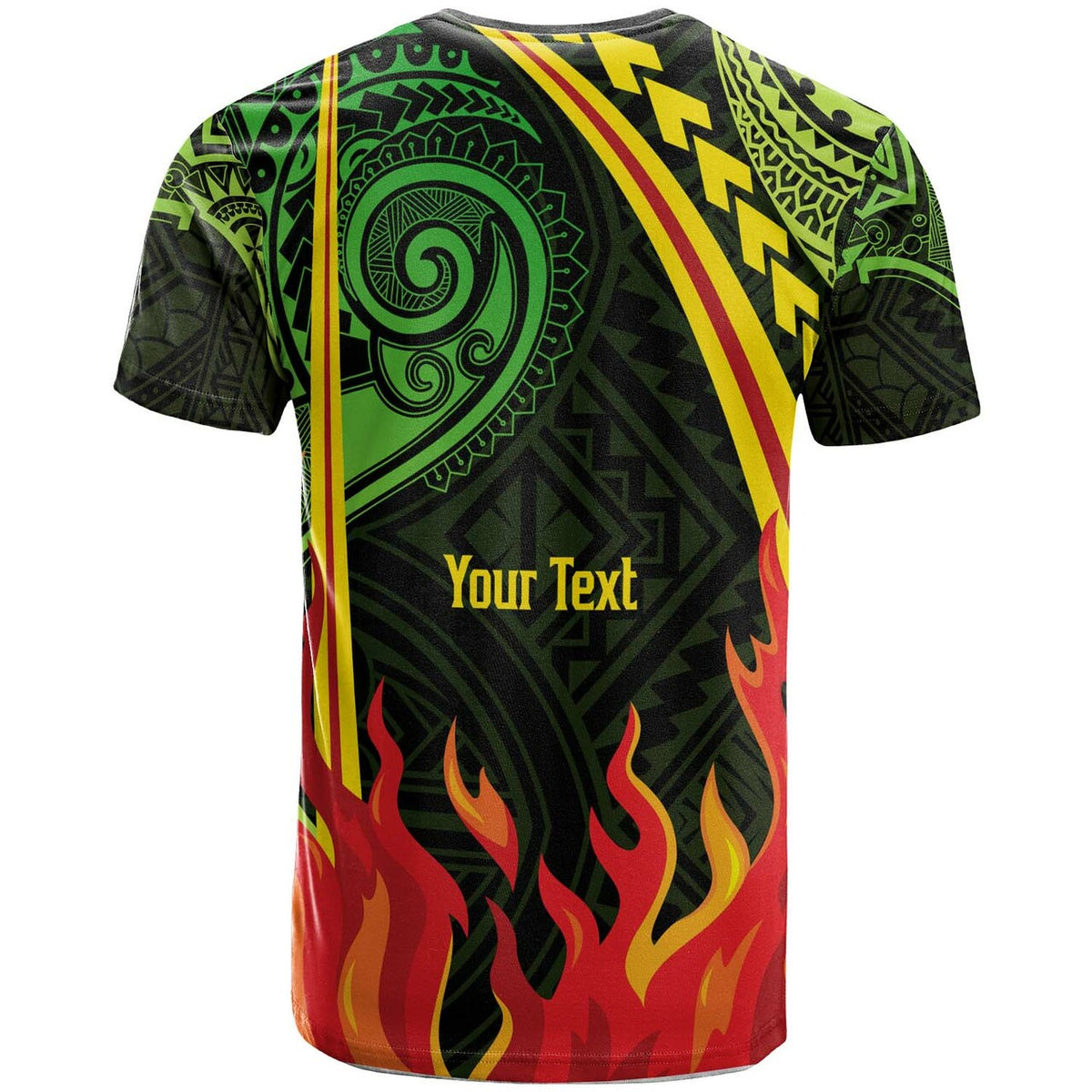 Green Polynesian pattern T-shirt with flames and “Your Text” on back
