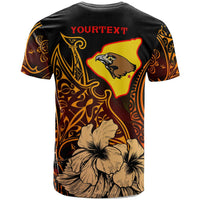 Dark T-shirt back: red YOURTEXT, yellow bird emblem, hibiscus flowers, Polynesian motifs