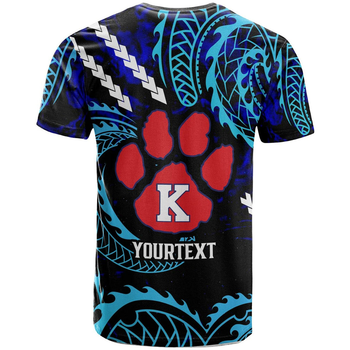 Blue galaxy T-shirt back with paw print, letter K, YOURTEXT personalization