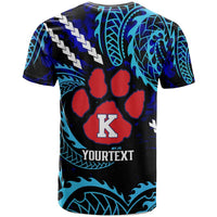 Blue galaxy T-shirt back with paw print, letter K, YOURTEXT personalization
