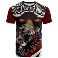 Red custom T-shirt with black, white, and Polynesian pattern; Falcons and eagle graphic