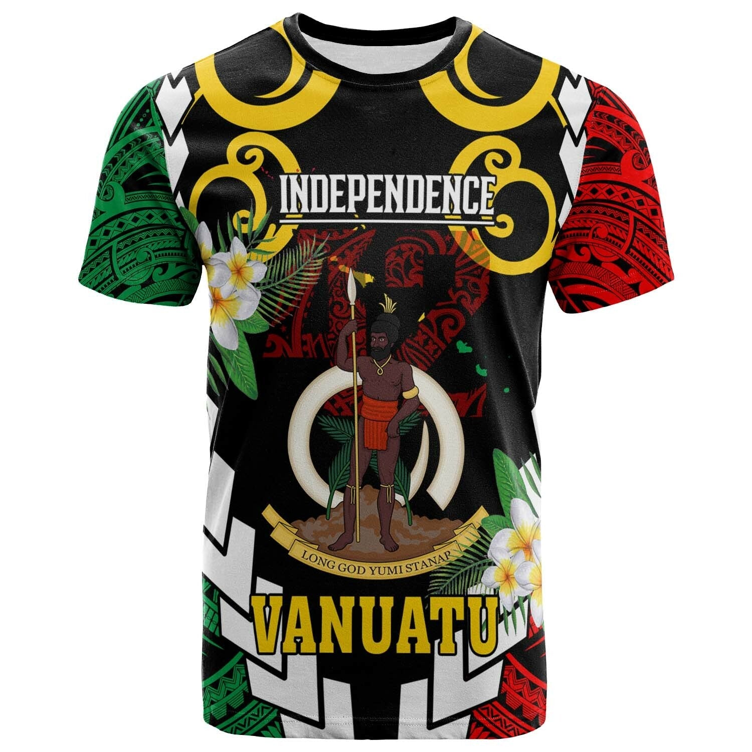 Vanuatu T Shirt Custom Vanuatu Independence Anniversary Plumeria Flower and Polynesian Patterns T Shirt LT10 - Wonder Print Shop