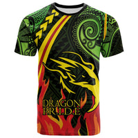 Green Polynesian pattern T-shirt with dragon graphic, flames, and “DRAGON PRIDE” text
