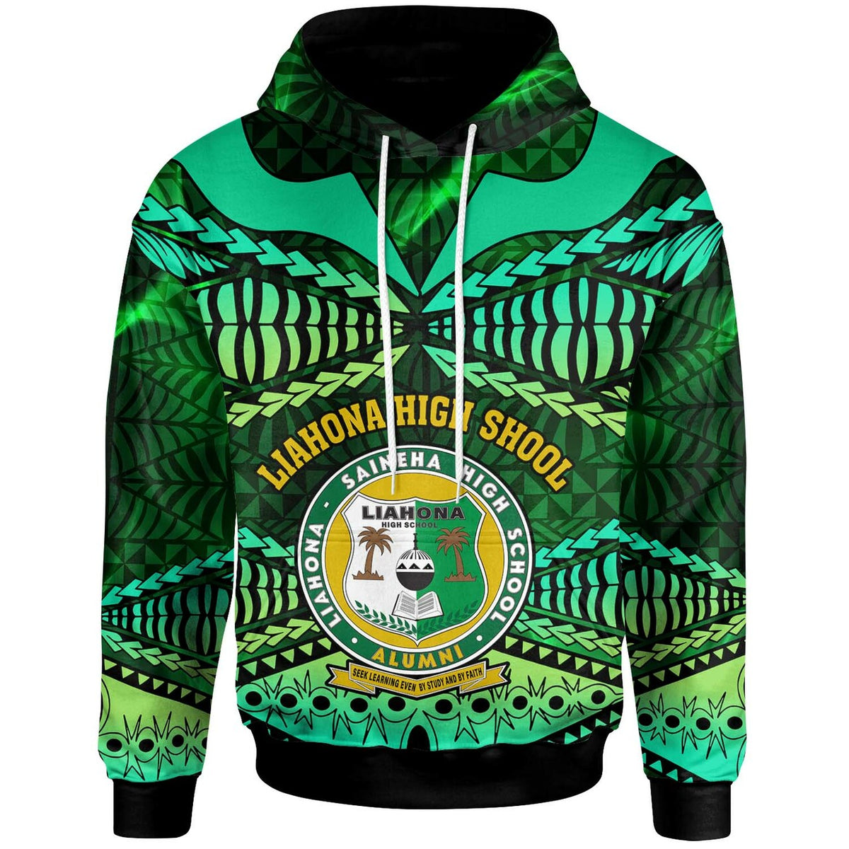 Tonga Custom Hoodie Liahona High Shool with Tonga Patterns with Green Effect LT10 - Wonder Print Shop