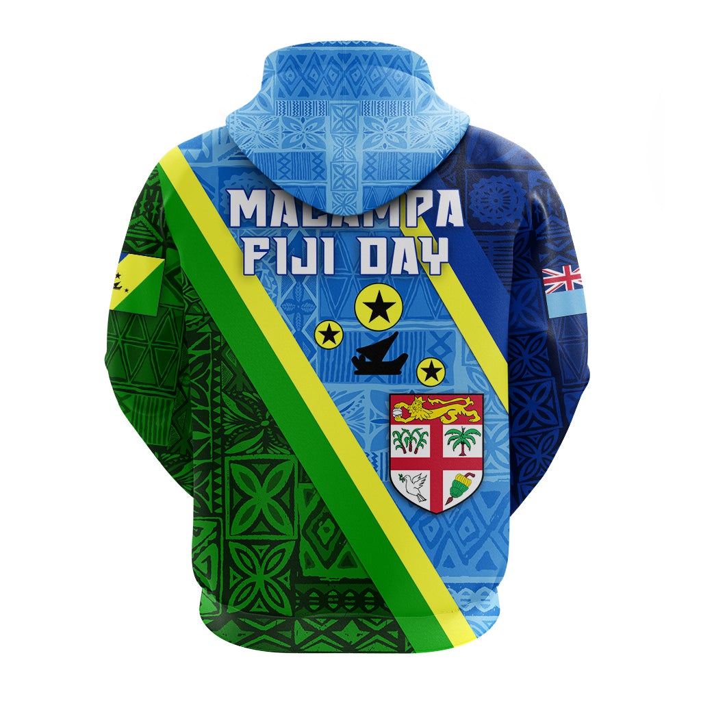 Back view blue pullover hoodie with MALAMPA FIJI DAY lettering, stars, and shield