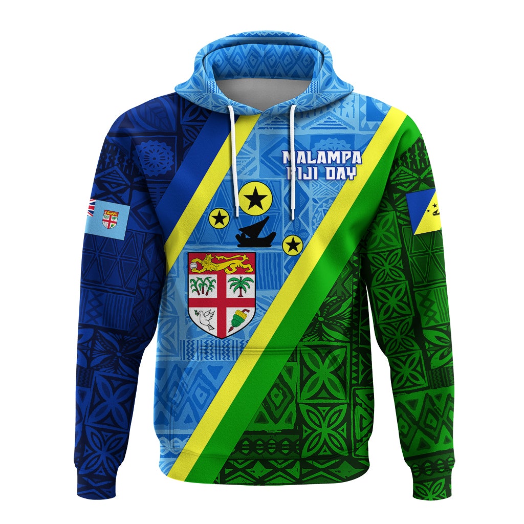 Front view blue pullover hoodie with Malampa Fiji Day text, shield and green diagonal stripe