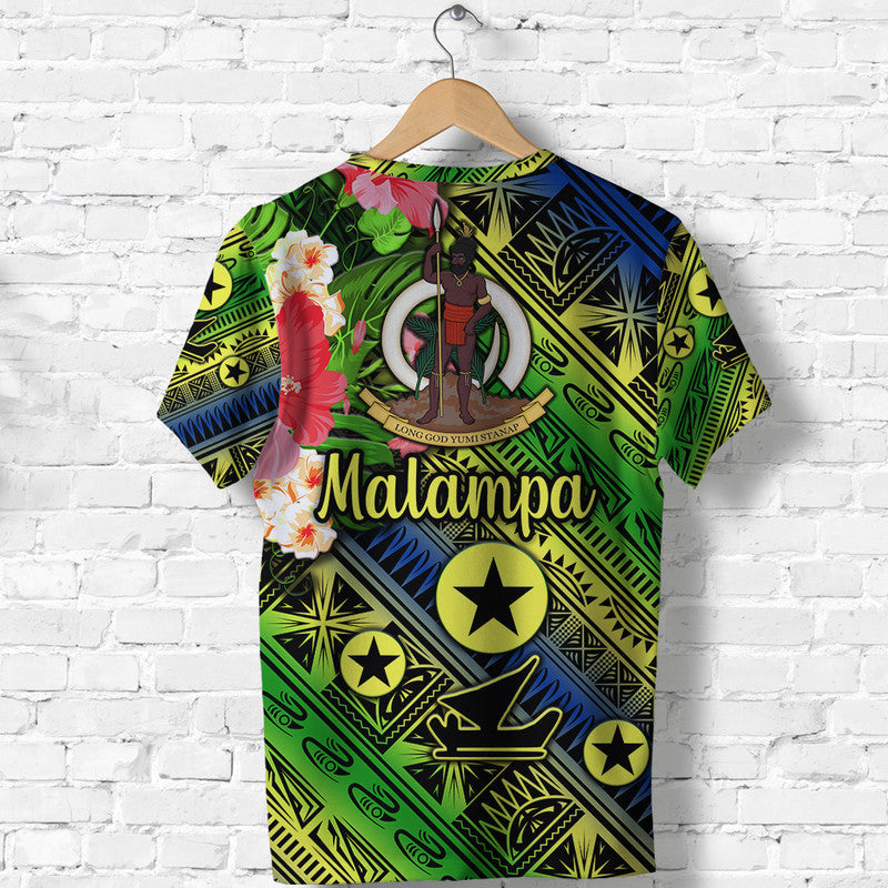 Green and blue Malampa graphic T-shirt with back 'Malampa' text and floral print