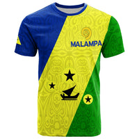 Malampa flag-style T-shirt: yellow, blue & green diagonals with MALAMPA logo