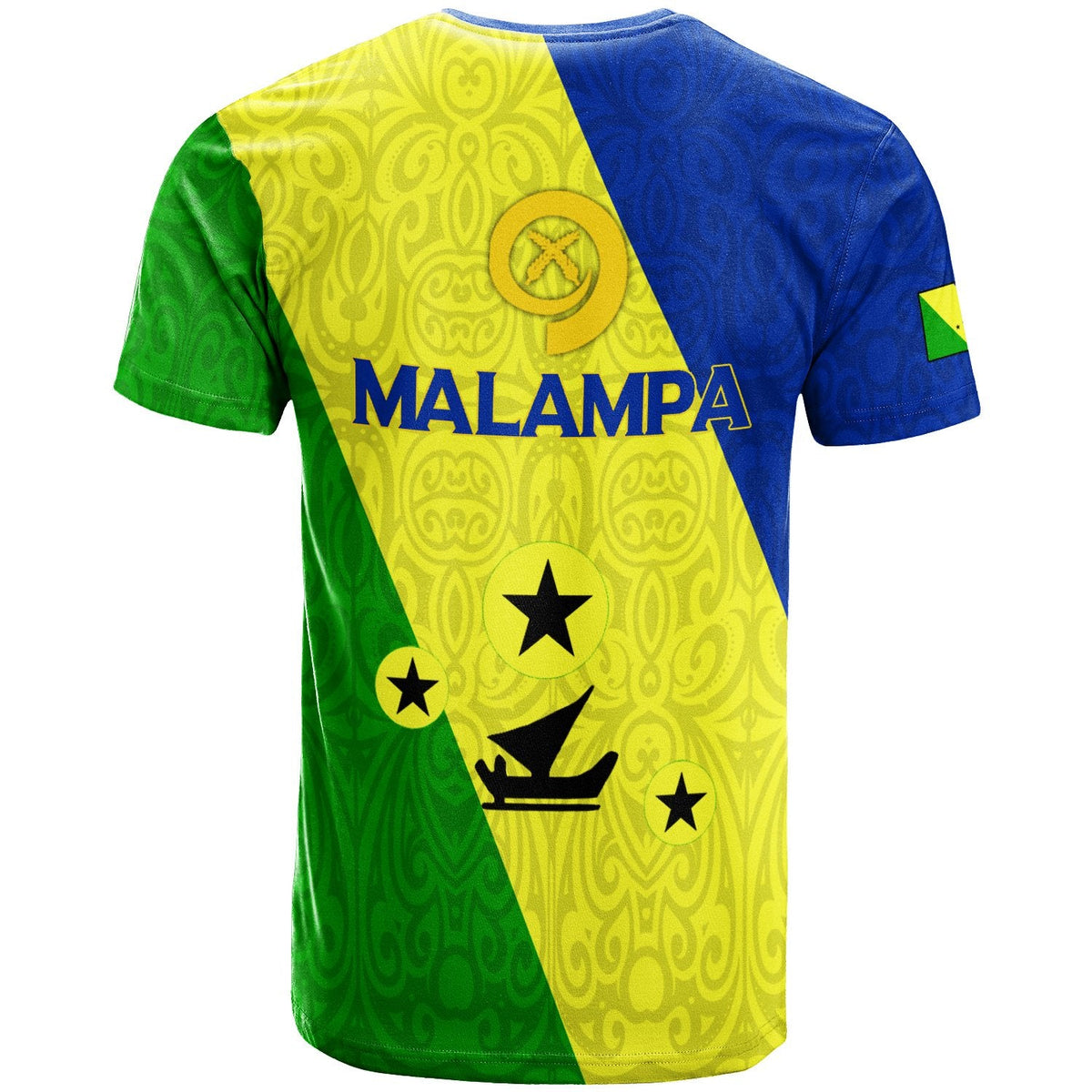 Back of Malampa flag-style T-shirt: yellow center with blue/green diagonals and MALAMPA text