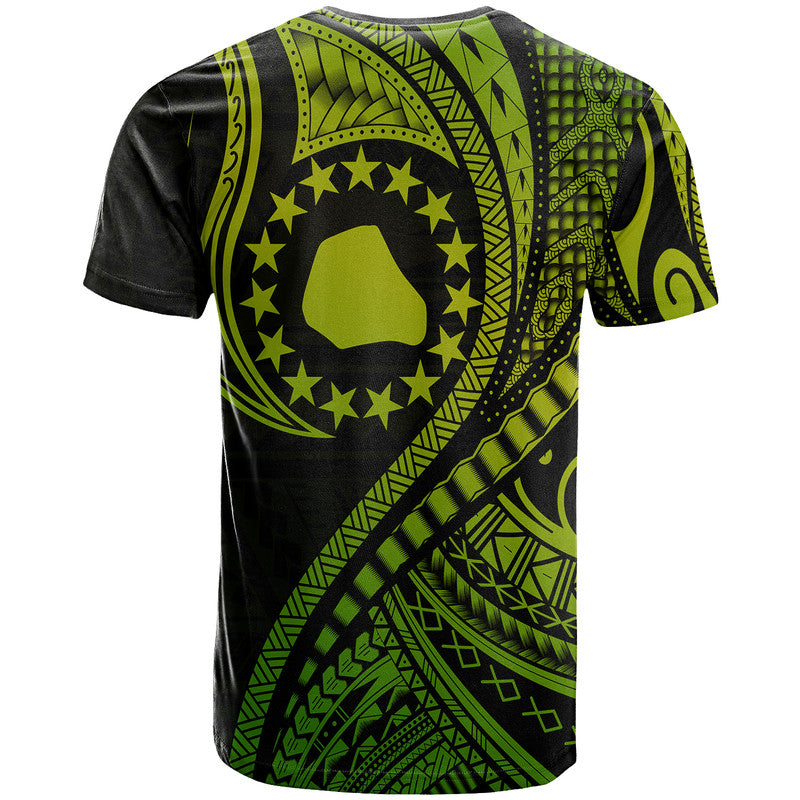 Green and black T-shirt back with large circular emblem and flowing Polynesian wave design