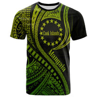 Green and black T-shirt with circular Cook Islands emblem and Polynesian wave print