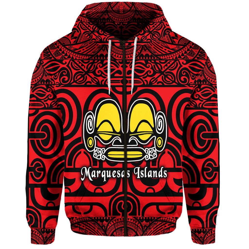 Custom Marquesas Islands Zip Hoodie Marquesan Tattoo Simple Style Red LT8 - Wonder Print Shop