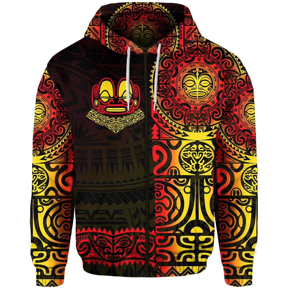 Custom Marquesas Islands Zip Hoodie Marquesan Tattoo Unique Style Gradient Red LT8 - Wonder Print Shop