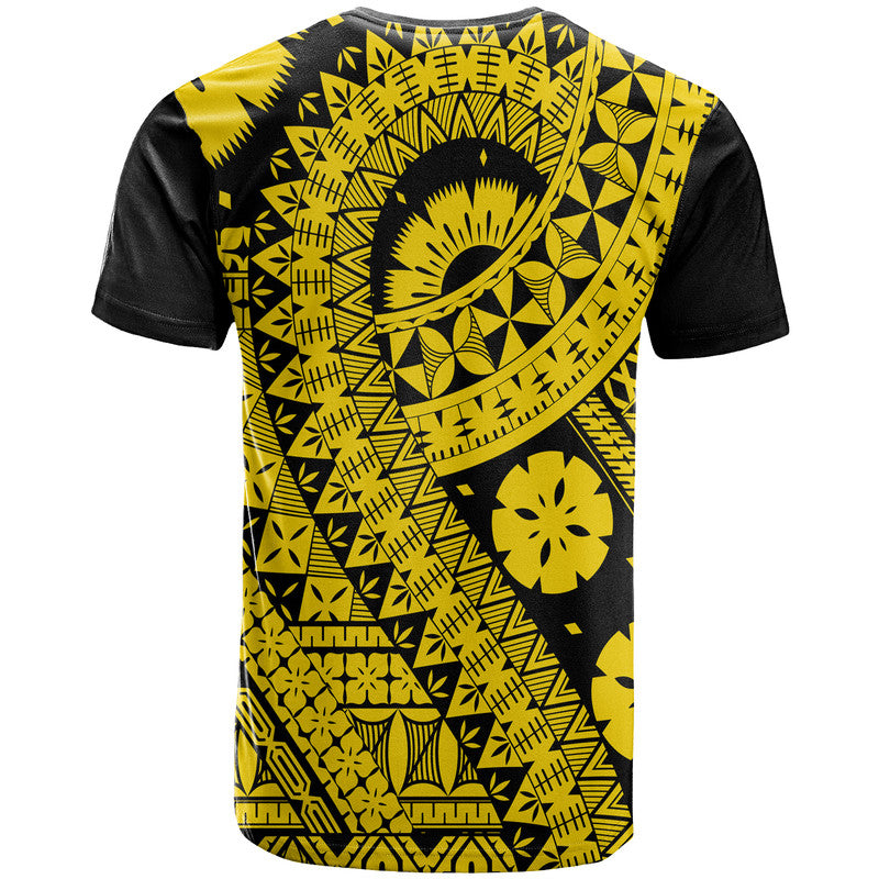 Gold-and-black T-shirt with crew neck and large circular geometric print (back)