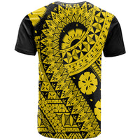 Gold-and-black T-shirt with crew neck and large circular geometric print (back)