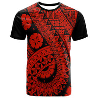 Kids red and black graphic t-shirt with Polynesian-style floral geometric print