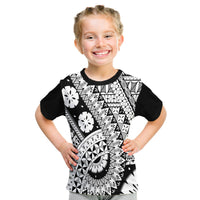 Black crew-neck kids T-shirt with white Polynesian-style geometric print front