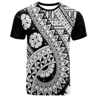 Black crew-neck T-shirt with white Polynesian-style geometric print front
