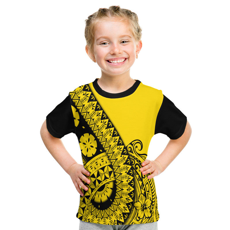 Gold and black graphic t-shirt with diagonal tribal stripe and floral circle print