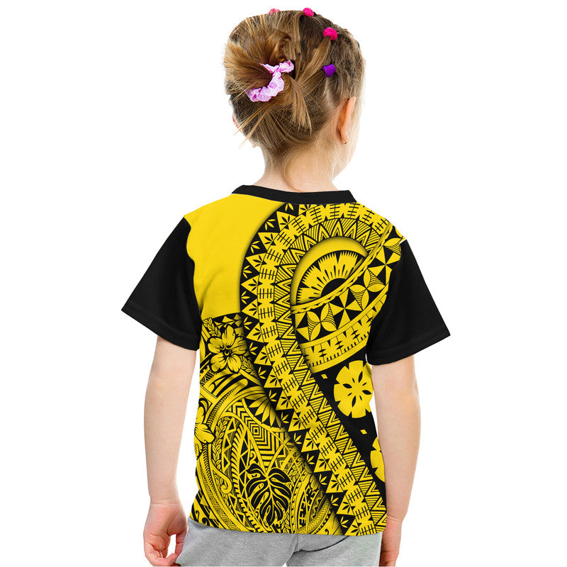 Gold and black graphic t-shirt with tribal emblem and patterned motifs on back