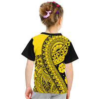 Gold and black graphic t-shirt with tribal emblem and patterned motifs on back