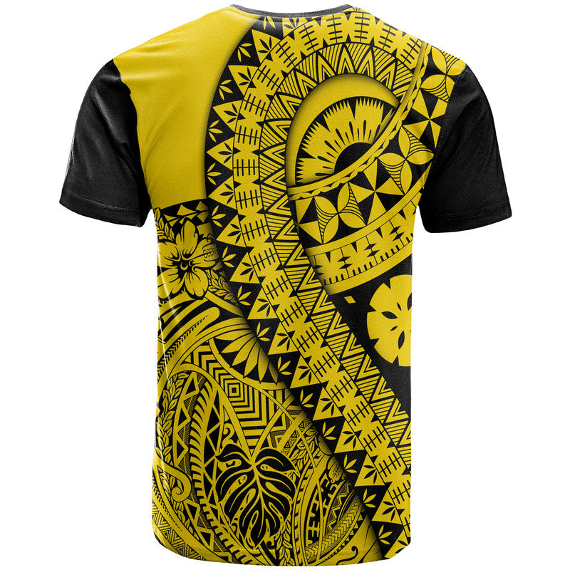 Gold and black graphic t-shirt with large central tribal emblem on back