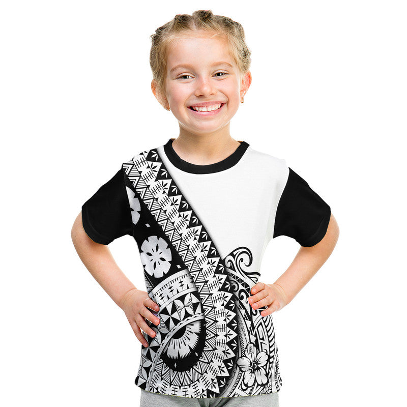 Kids black and white T-shirt with Polynesian tribal print and black contrast sleeves