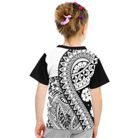 Kids black and white T-shirt back with large circular Polynesian print