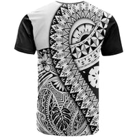 Black and white T-shirt with large circular Polynesian pattern on front