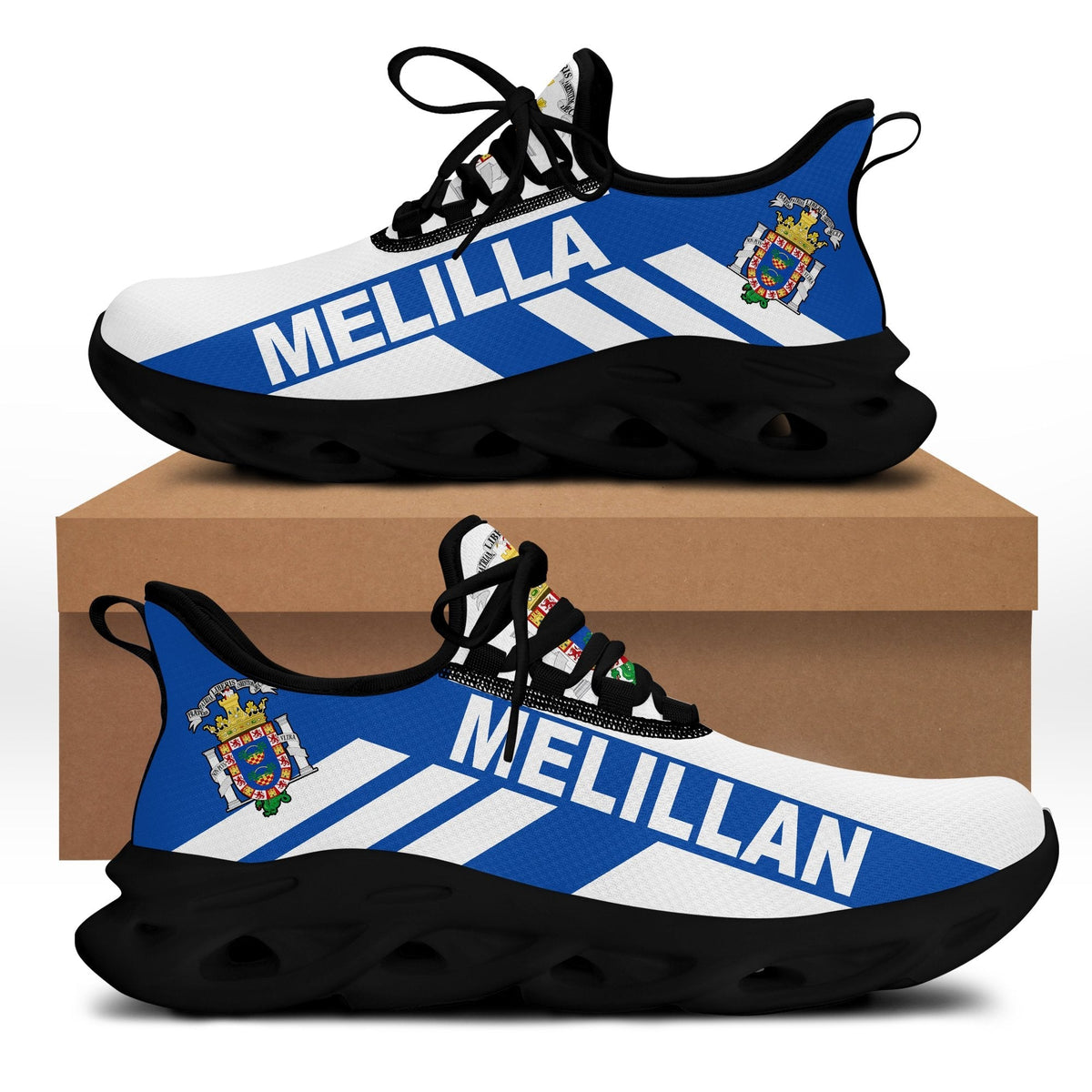 Black-and-blue clunky sneakers with MELILLA stripes, crest logos, black sole and laces