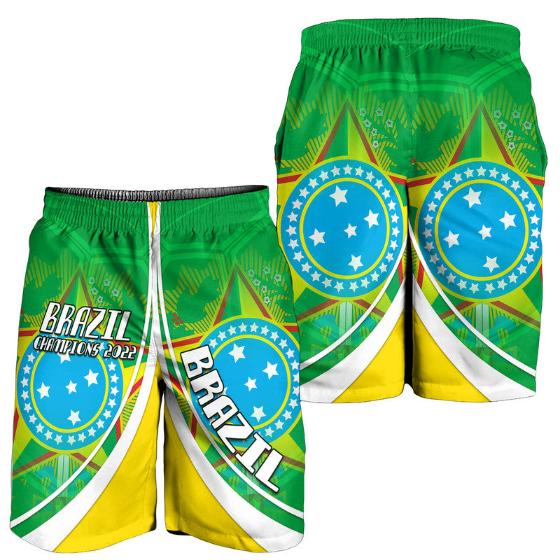 Green and yellow Brazil Champions 2022 football shorts with crest prints, elastic waistband