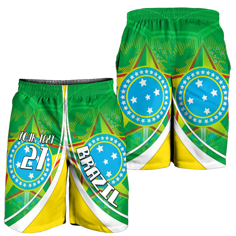 Green football shorts with Brazil-style crest and number 21, elastic waistband