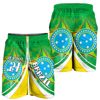 Green football shorts with Brazil-style crest and number 21, elastic waistband