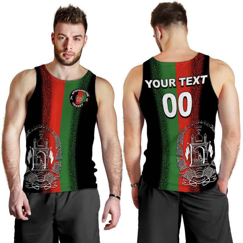 Men’s cricket tank top back view, black with red/green stripes and YOUR TEXT/00