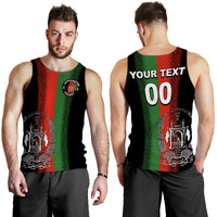 Men’s cricket tank top back view, black with red/green stripes and YOUR TEXT/00
