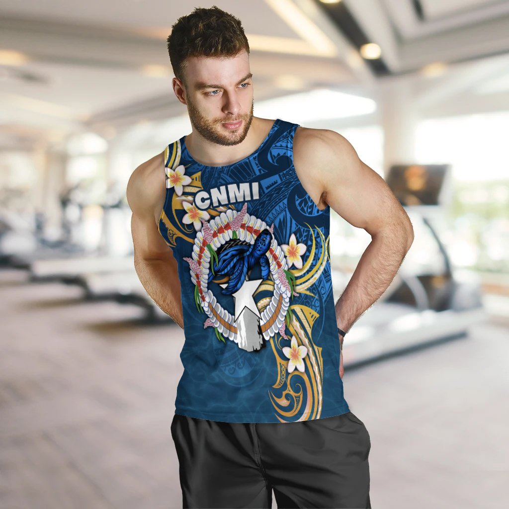 Men's blue sleeveless tank top with bold CNMI Liberation Day emblem and floral accents