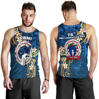 Men's blue tank top with CNMI graphic wreath and flowers, sleeveless Independence Day design
