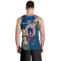 Men's blue tank top back print: '75th NMI Liberation Day' emblem wreath