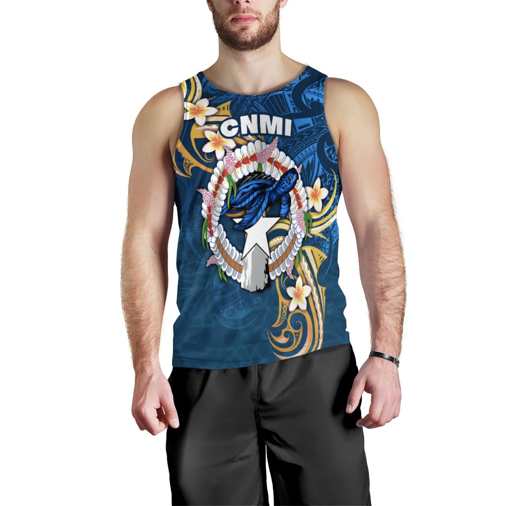 Men's blue tank top front graphic: CNMI text, wreath, star emblem, flowers