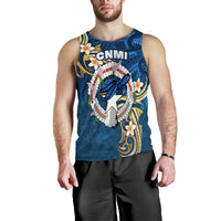 Men's blue tank top front graphic: CNMI text, wreath, star emblem, flowers